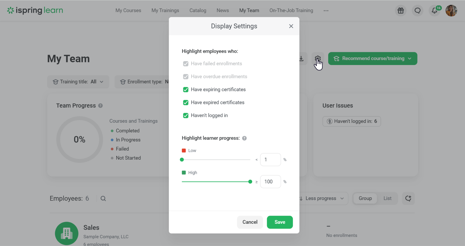 Filters in the iSpring Learn dashboard